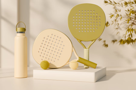 Two beige and gold padel tennis paddles with ball and water bottle displayed on white stand. 3d renderingの写真素材