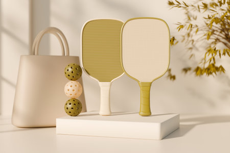 Two pickleball paddles, three balls, and a beige bag. 3D renderingの写真素材