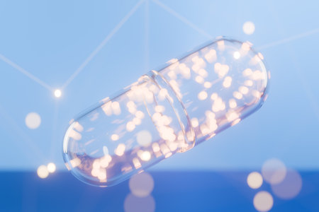 A sparkling capsule floats against a blue background, symbolizing health and wellness. 3d renderingの写真素材