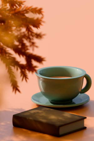 A tea cup on a saucer beside a book with autumn leaves, evoking a cozy fall atmosphere. 3d renderingの写真素材