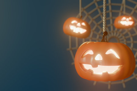 Glowing Halloween jack-o-lanterns hang on a decorative spider web at night. 3d renderingの写真素材