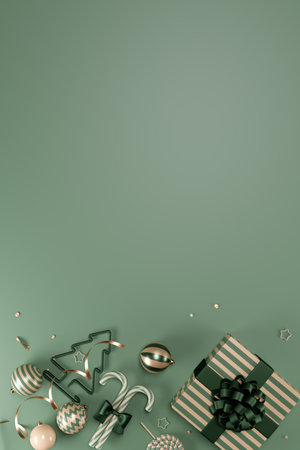 Christmas gift wrapping with striped presents, candy canes, and ornaments on a green surface. 3d renderingの写真素材