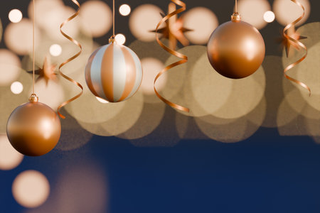 Golden Christmas baubles and shiny ribbons hang with glowing lights creating a festive atmosphere. 3d renderingの写真素材