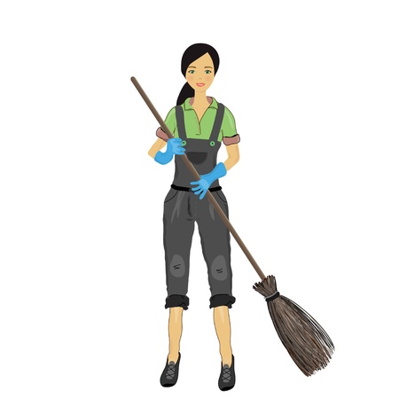 a pretty young woman with a broom in his hand   のイラスト素材