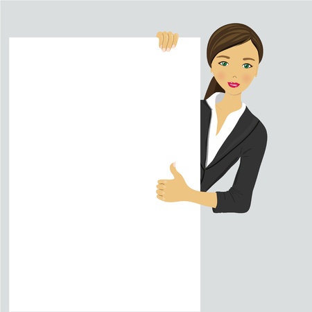 Happy smiling young business woman showing blank signboard, over white backgroundのイラスト素材