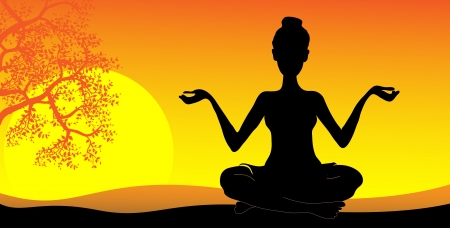 silhouette of a girl practicing yoga at sunsetのイラスト素材