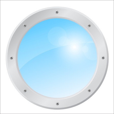 Porthole of an jet airplane with a sunny skyのイラスト素材