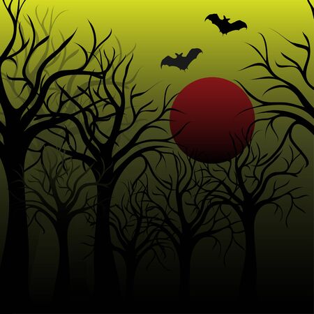 Halloween dark scenery with naked trees, full moon and batsのイラスト素材