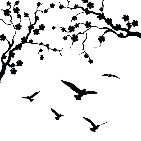 Tree and bird isolated on white backgroundのイラスト素材