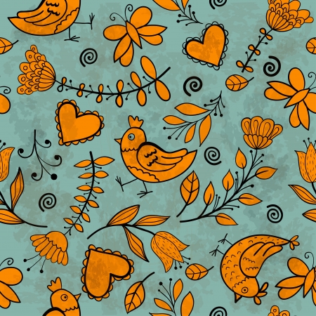 Flower, hearts, birds seamlessのイラスト素材
