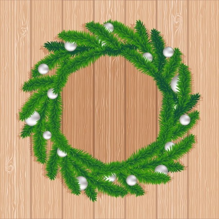 Christmas wreath on biege wood background, vectorのイラスト素材