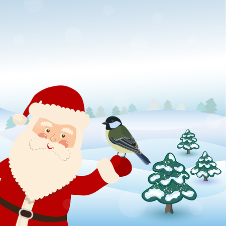 Santa Claus with bird  in winter forest, vectorのイラスト素材