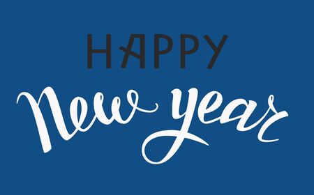 Merry Christmas Lettering. Greeting text happy new year, hand drawn calligraphy. Vector illustration isolated on blueのイラスト素材