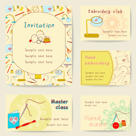 Set printable cards. Bright collection with embroidery tools. Stock vector illustrations of objects for embroider, handicraft, hand made. It can be used for scrapbooking, print, business, invitationのイラスト素材