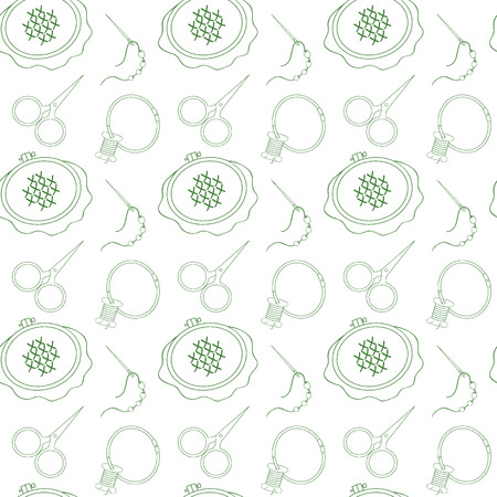 Vector seamless pattern. Hoop, scissors, organizer, spool and other tools for embroidery. Green line on white background for use in design, web site, packaging, textiles, wallpaper, paper.のイラスト素材