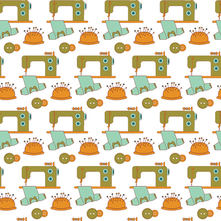 Seamless pattern of sewing tools icons. The sewing machine and tailor accessories.Green, blue and orange on white.  Background for use in design, web site, packing, textile. Vector illustration.のイラスト素材