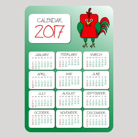 Calendar 2017. Symbol of the year. Red Rooster on the Chinese calendar. Rounded rectangle cartoon cock. Template with week starts Sunday. Vector illustration.のイラスト素材