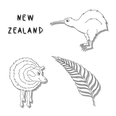 New Zealand symbols. A set of black line cartoon icons Kiwi bird, a sheep, a silver fern branch. vector illustration drawn by hand.のイラスト素材