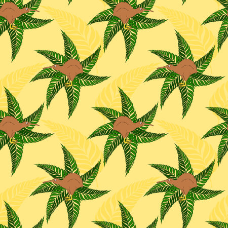 Seamless pattern with symbols of the New Zealand kiwi bird and fern leaves. Bright vector on yellow background for use in design, web site, packaging, textiles, wallpaper, paper.のイラスト素材