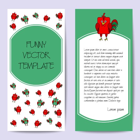 Stock vector cards template for children's birthday party. Flat bird design. Rounded rectangle green and red rooster, cock. Symbol of year 2017. Template for poster, banner, greeting card, invitation.のイラスト素材