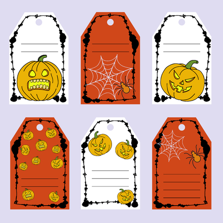 Set gift tags. Stock vector set of Halloween attributes and symbols. Hand drawing pumpkin, spider, web. Stains frame. Place for an inscription. Congratulation, invitation, design cards.のイラスト素材