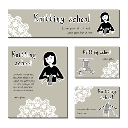 Black-white vector cards template for knitting school, yarn shop. Flat icon knitter girl.のイラスト素材
