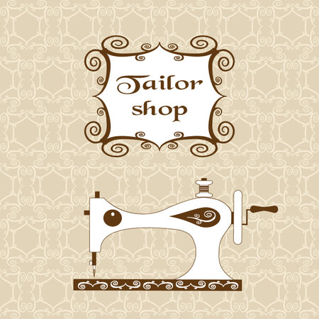 Vintage ornate seamless pattern with retro sewing machine. Sewing theme. Vintage frame. For atelier, sewing studio, tailor shop. Vector illustration.のイラスト素材