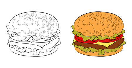 Two versions of burgers: a black outline and painted flat icon. Hamburger with bun with sesame seeds, beef or chicken patty, cheese, lettuce, tomatoes.  illustration for your design isolated on white background.のイラスト素材