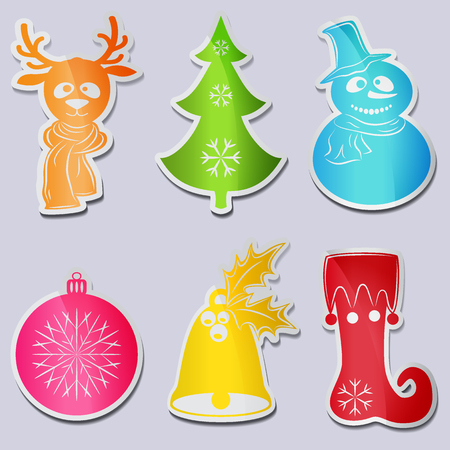 Vector Collection of Christmas symbols and characters for your design. A set of six icons: snowman wearing a scarf and hat, deer head, Christmas tree, Christmas ball, bell with leaves and berries of holly, stocking or boot elf.のイラスト素材