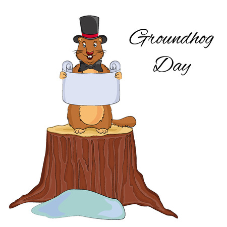 Groundhog Day cartoon design. Cute  in a hat and bow tie holding  scroll. Vector EPS 10 illustration. Usable for  greeting card, banner, invitation, calendar, posterのイラスト素材