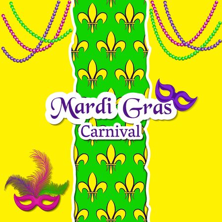Mardi Gras Carnival card. The pattern with fleur de lis or lily flowers in the middle. The inscription,  masks and beaded necklace. Vector illustration. Usable for design greeting , banner, invitation, poster, screen.のイラスト素材