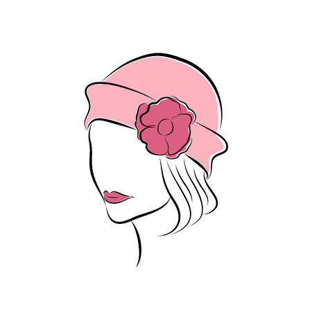 Lovely girl in a pink hat with  flower. Vector fashion sketch in hand drawing style for your design. EPS10のイラスト素材