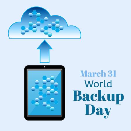 World Backup Day vector illustration. Realistic tablet PC computer or smartphone with data cells on the screen transmits data to the cloud.のイラスト素材