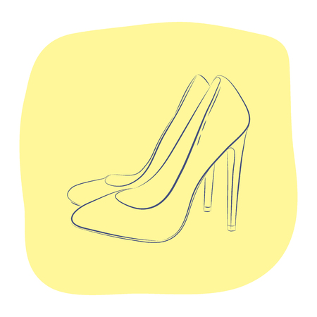 Elegant women s high-heeled shoes. Fashion accessories. Contour object on a yellow background. Vector sketch illustration in hand drawing style for your design.のイラスト素材