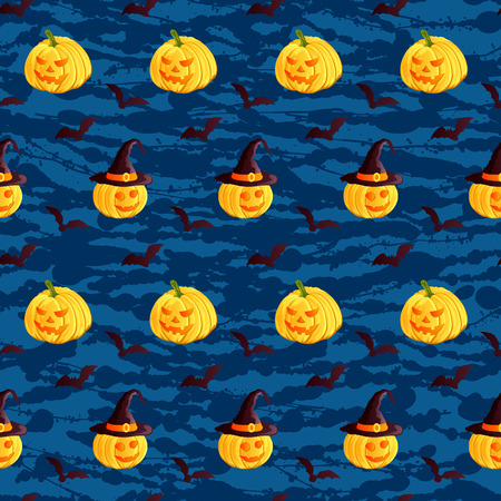 Festive seamless pattern. Halloween characters jack o lantern, witch hat, bat on dark blue grunge background. Vector illustration. Usable for design, packaging, wallpaper, textile.のイラスト素材