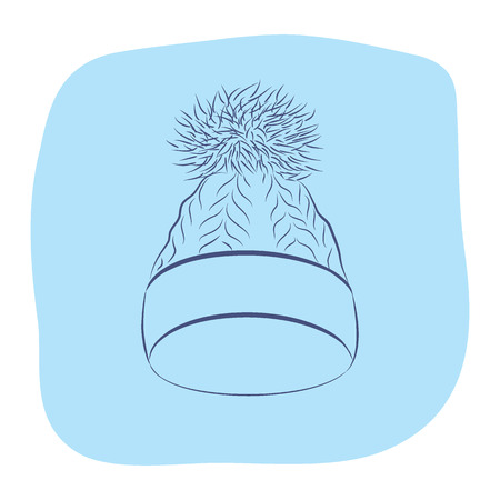 A realistic knitted hat with a pompon. Women fashion accessories. Contour object on an blue background. Vector sketch illustration in hand drawing style for your design.のイラスト素材