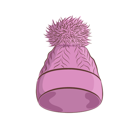 Realistic knitted hat with a pompon. Women fashion accessories. Purple object isolated on white background. Vector cartoon illustration in hand drawing style for your design.のイラスト素材