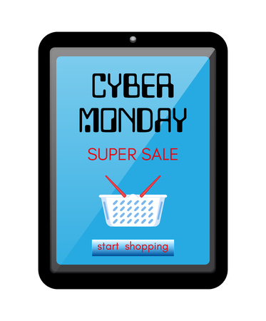 Cyber Monday theme vector illustration. Realistic tablet PC computer or smartphone with sale of the inscription and the button start shopping on the screenのイラスト素材