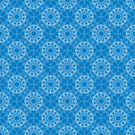 Seamless geometric pattern. White lacy ornament on a blue background. Winter snowflake theme. Vector illustration.のイラスト素材