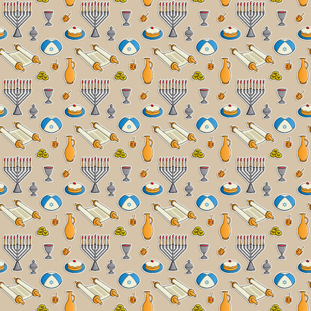 Jewish holiday Hanukkah seamless pattern. Traditional menorah, candles, Dreidel with Hebrew letters, jug of oil, bowl of wine, coin, donut. Colorful raster illustrationの写真素材