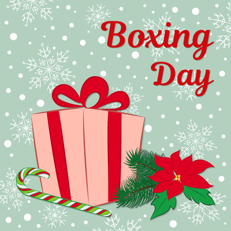 Boxing day sale of a square banner or card. A gift, a candy cane, a flower punchettia and spruce branches in hand drawn style. You can write your own text. Vector illustration.のイラスト素材
