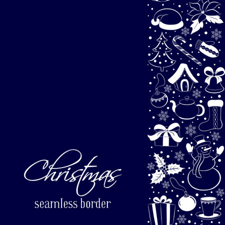 Christmas seamless vertical border. Silhouettes of winter elements and symbols on a dark blue background. Sketch hand drawing style. Vector illustration.のイラスト素材