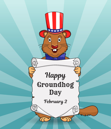 Happy Groundhog day greeting card or a vertical banner. Cartoon design with a cute little beast in a US flag hat on his head. Congratulatory inscription on an old scroll. Vector illustration.のイラスト素材