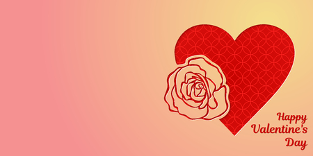 Happy Valentines Day greeting card or horizontal banner. A heart and a beautiful rose, carved from a pink gold gradient of paper. Red tracery pattern on the lower layer. Vector illustration.のイラスト素材