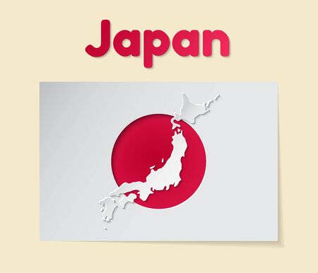 Japan theme vector illustration. Sticker in the shape of a flag with a carved red circle. A map is an applique. Modern layered design.のイラスト素材