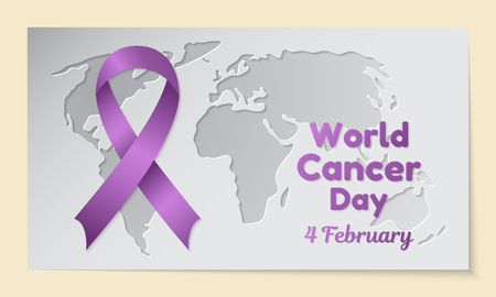 World Cancer Day theme. Postcard or banner with a map cut out in paper, a purple ribbon and resembling an inscription. The date of the event is 4 February. Vector illustration.のイラスト素材