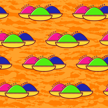 Seamless pattern Holi festival of spring and bright colors in India. Traditional colored powder Gulal on grunge orange background. Vector illustration.のイラスト素材