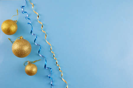 Christmas and new year background. Decorations on the blue surface.の写真素材