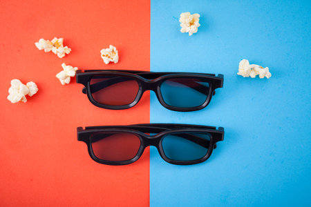 Movie items, 3D glasses and popcorn in a cupの写真素材