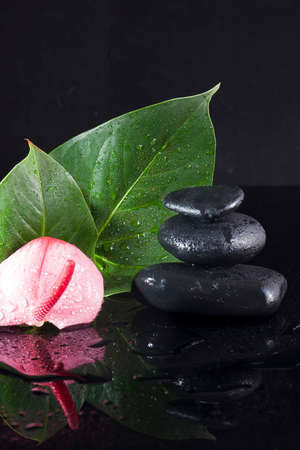 Zen concept balancing dark stones on mirrored backgroundの写真素材